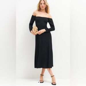 Reformation Ballari Midi Dress Off Shoulder Long Sleeves  in Black Size 4 NWT